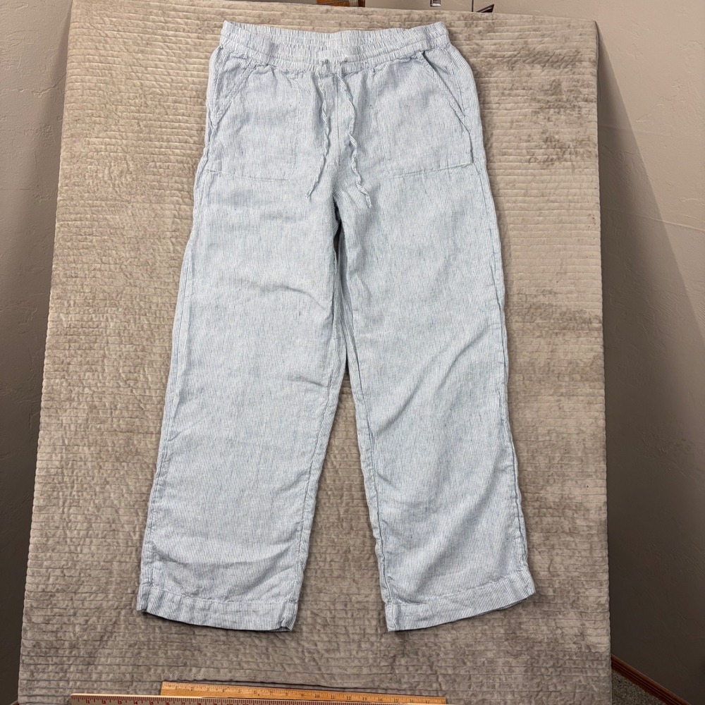 Chico's Blue White Striped Linen Blend Wide Leg Drawstring Pants Size 2R 12R